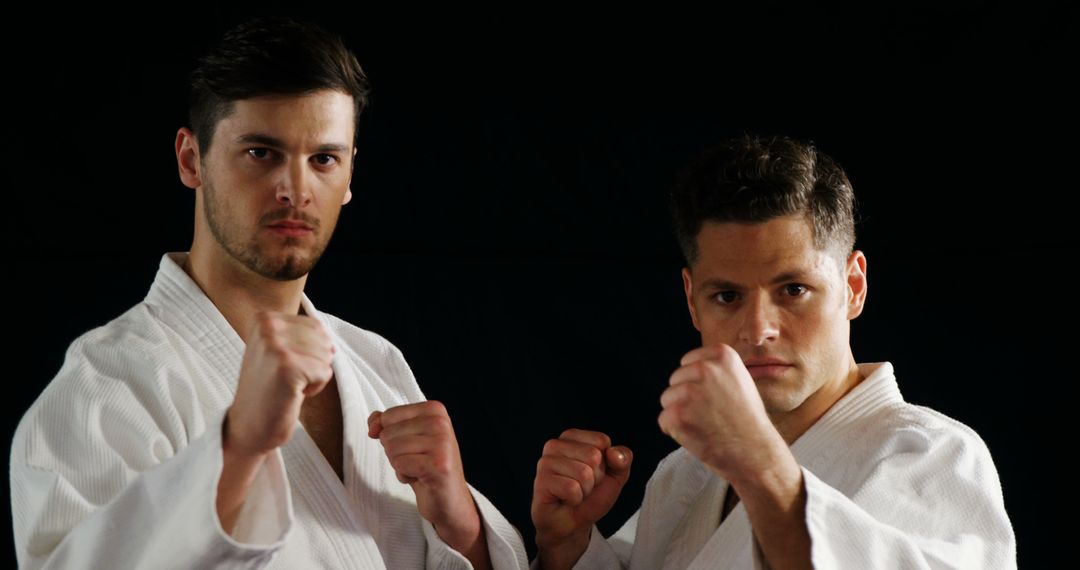 Two Martial Artists in Karate Uniforms Posing in Fighting Stance - Free Images, Stock Photos and Pictures on Pikwizard.com