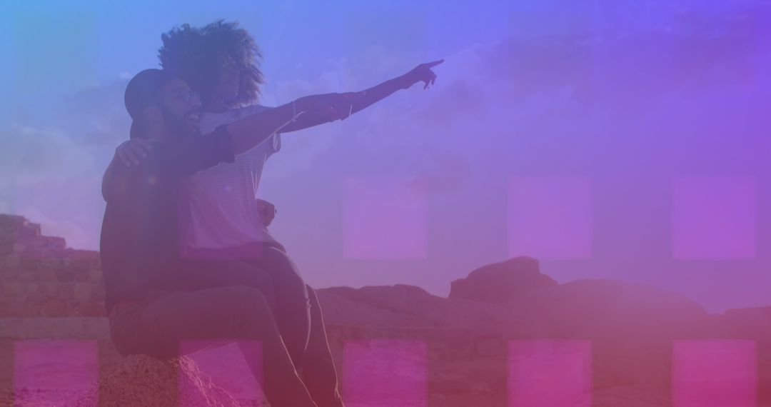 Romantic Couple Facing Future at Sunset with Overlay