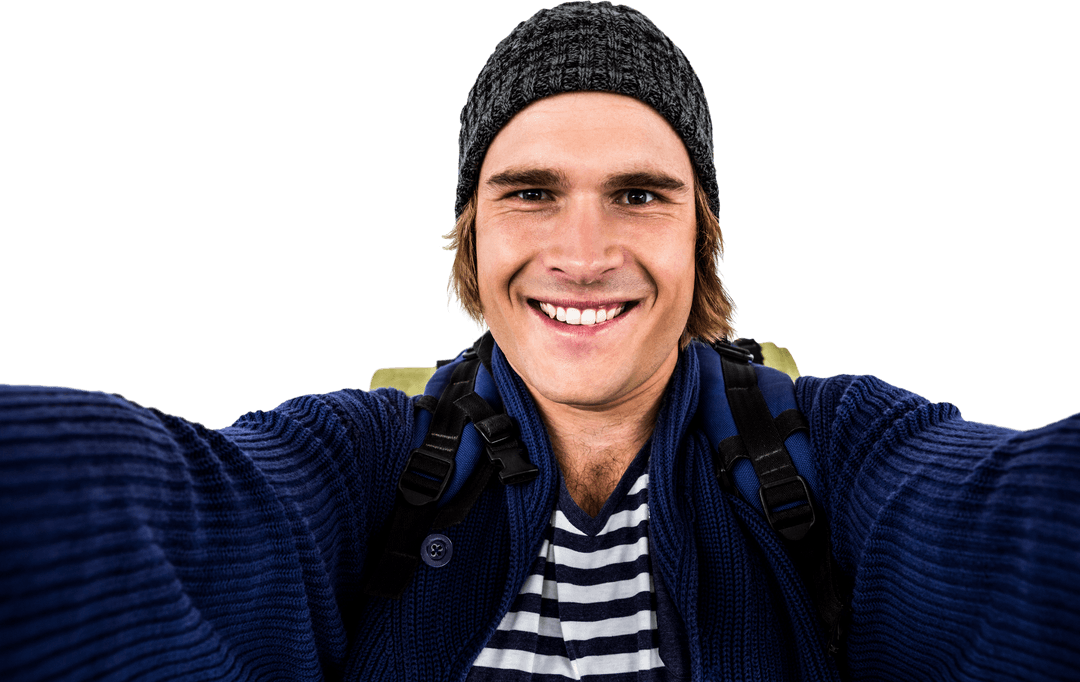 Transparent Hipster Backpacker Smiling at Camera