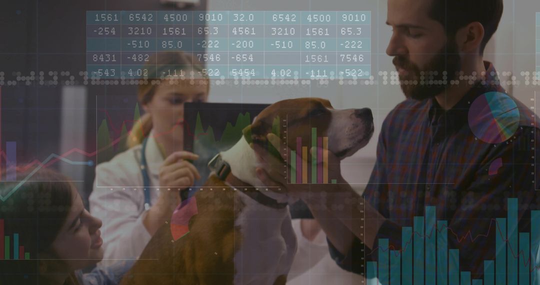 Veterinarian Examining Dog with Data Analytics Overlay in Clinic
