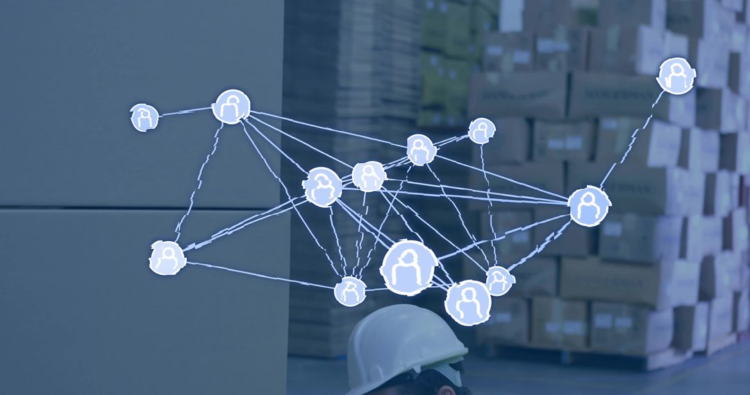 Augmented reality network overlay visualizing connected warehouse logistics, inventory flow