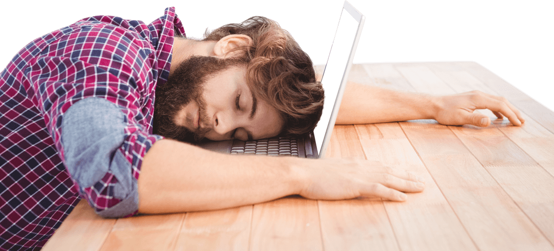 Exhausted Man Taking Nap on Laptop with Transparent Background