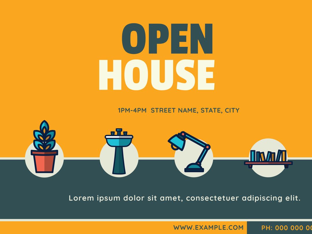 Colorful Open House Invitation with Home Decor Illustrations