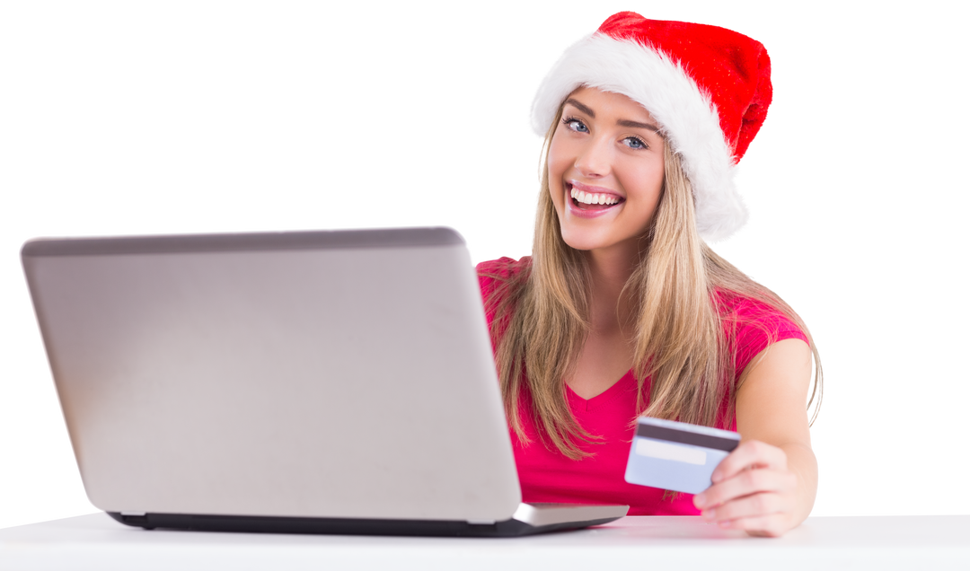 Smiling Woman in Santa Hat Shopping Online with Credit Card on a Transparent Background - Download Free Stock Images Pikwizard.com