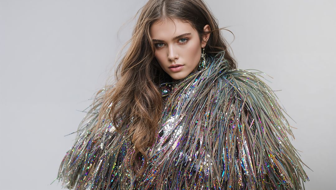 Metallic fringe couture portrait featuring model wearing sequin coat and statement earring