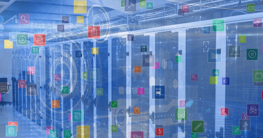 Digital Interface and Technology Concept with Server Room and Icons