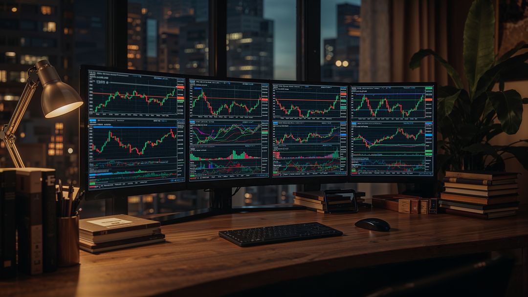 High-tech online trading workspace with multiple monitors at night