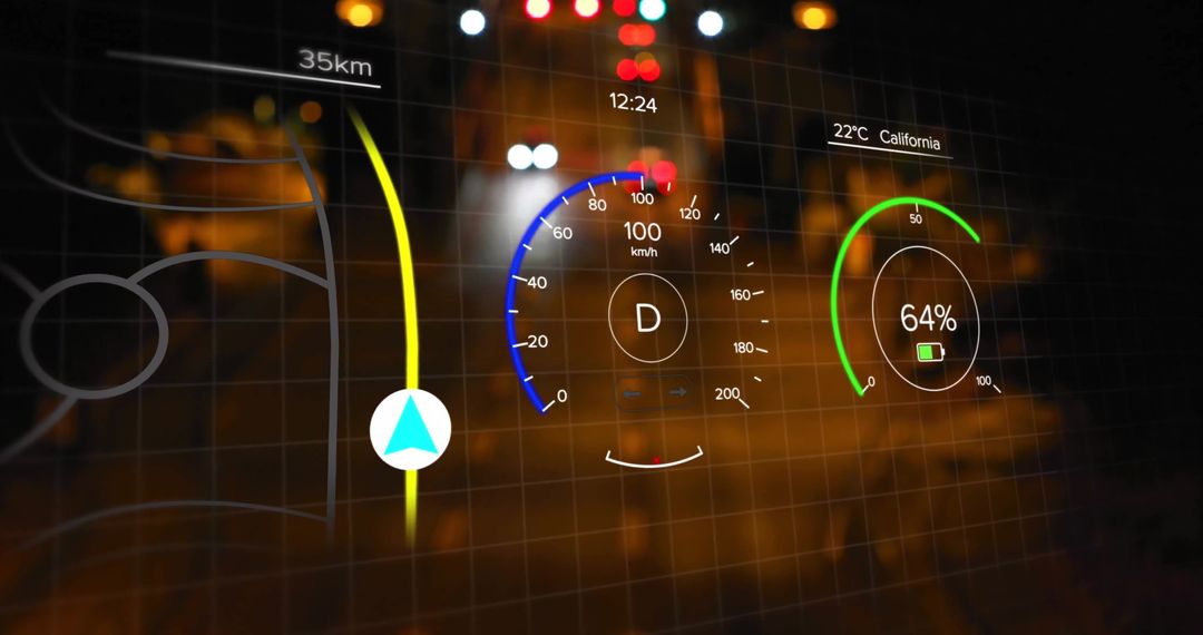 Futuristic car dashboard interface with navigation data at night
