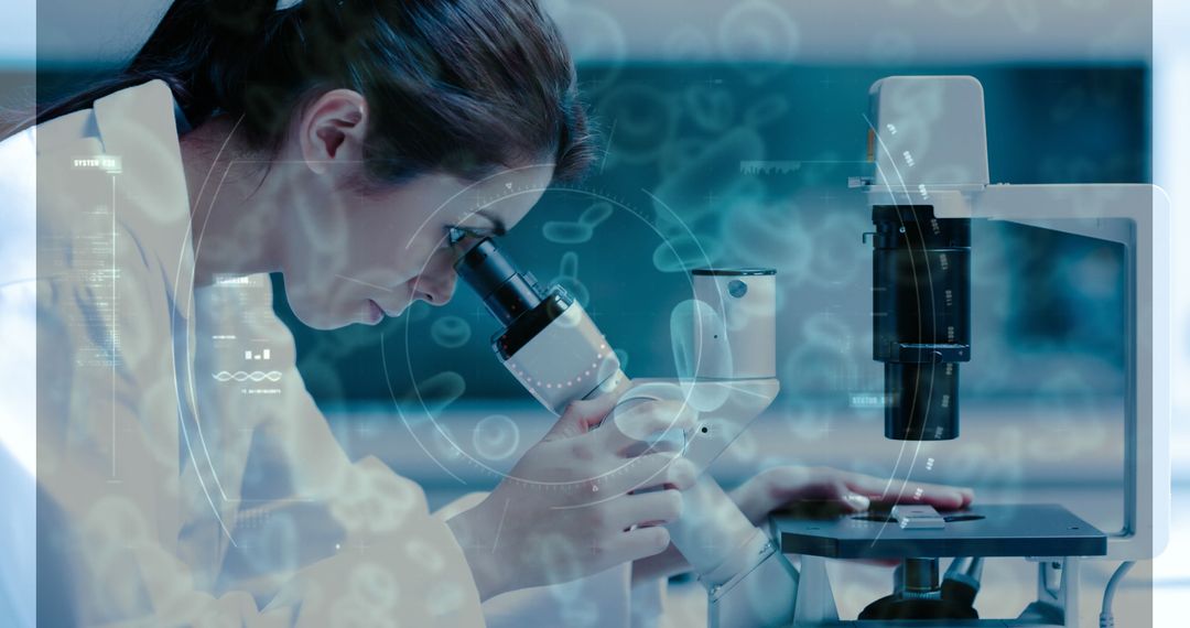 Female Scientist Using Microscope and Animated Microorganisms Overlap