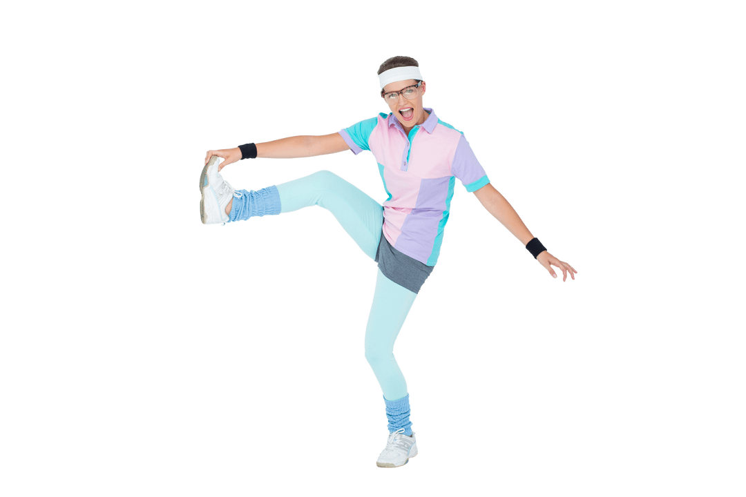 Transparent Hipster in Energetic Pose with Retro Sports Outfit