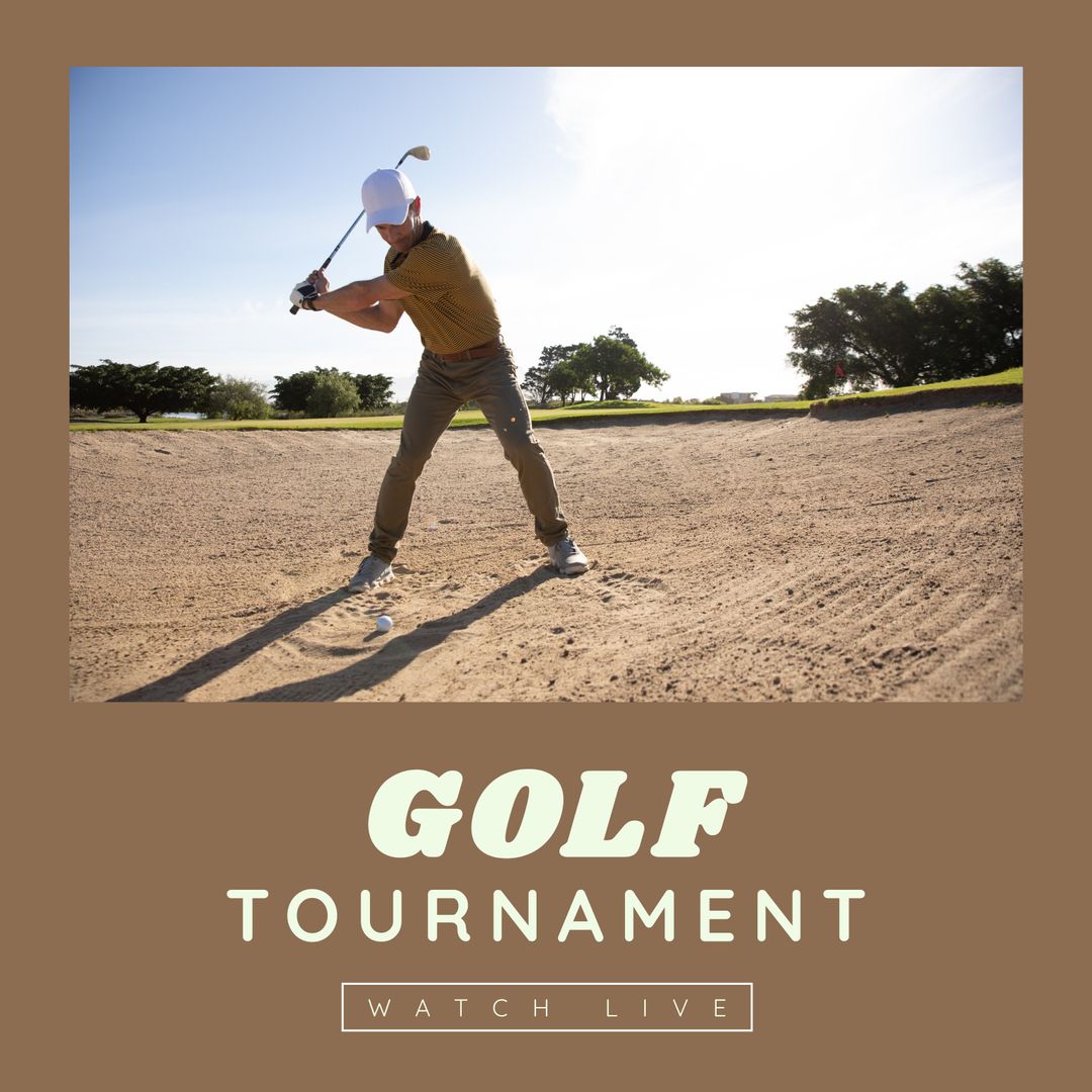 Caucasian Man Playing Golf at Tournament Sand Bunker - Download Free Stock Templates Pikwizard.com