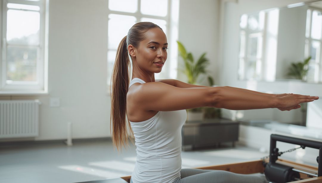 Woman Engaged in Pilates Exercise on Reformer at Bright Studio