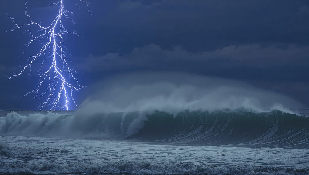 Lightning Striking Ocean Waves Under Dark Stormy Clouds