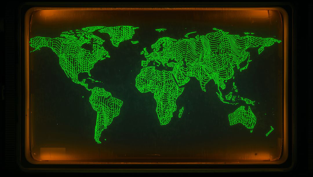 Retro CRT Green Contour Map on Glowing Orange Bezel Display
