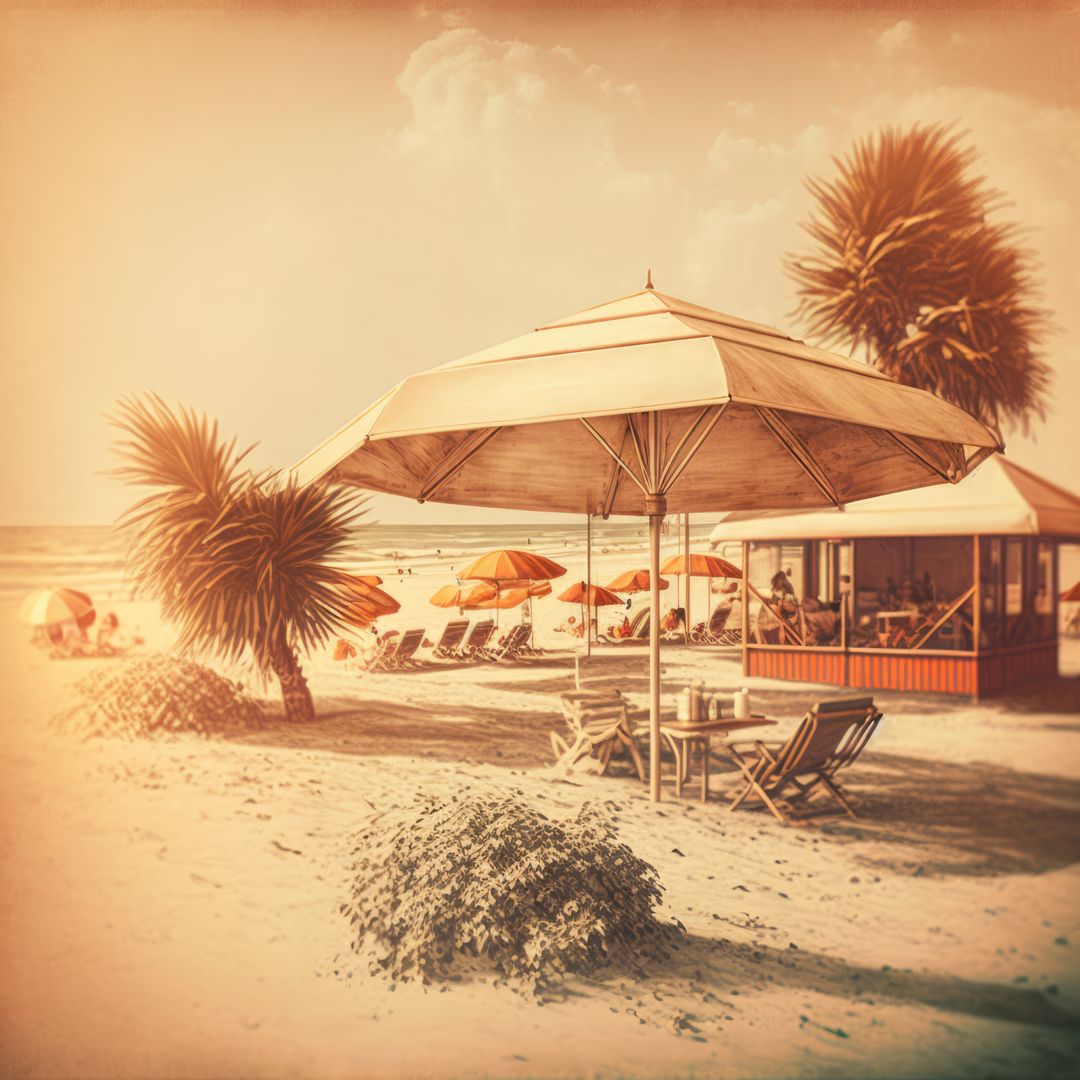 Retro Beach Scene with Palm Trees and Sun Umbrellas - Free Images, Stock Photos and Pictures on Pikwizard.com