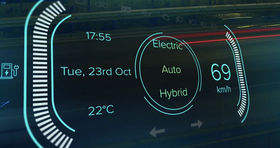 Futuristic Digital Car Dashboard Display includes Hybrid Mode Details