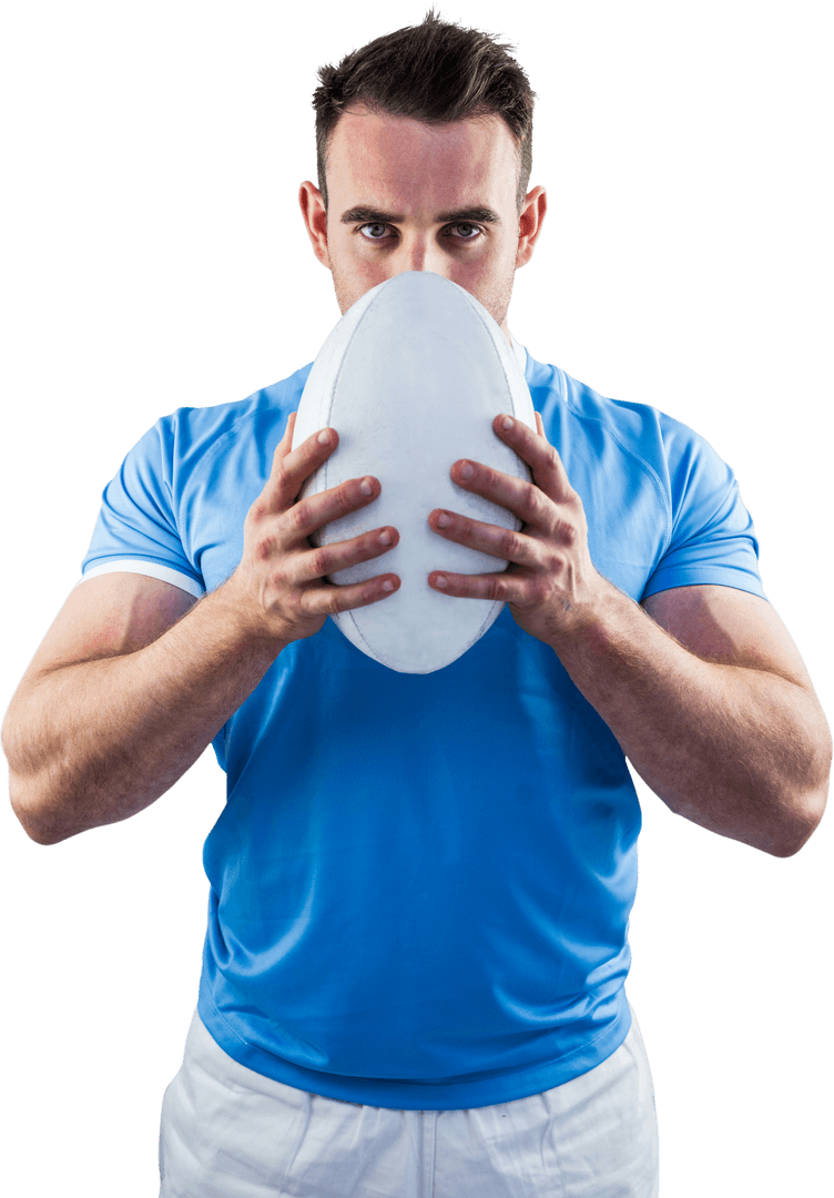Transparent Rugby Player Posing with Ball for Sports Concept