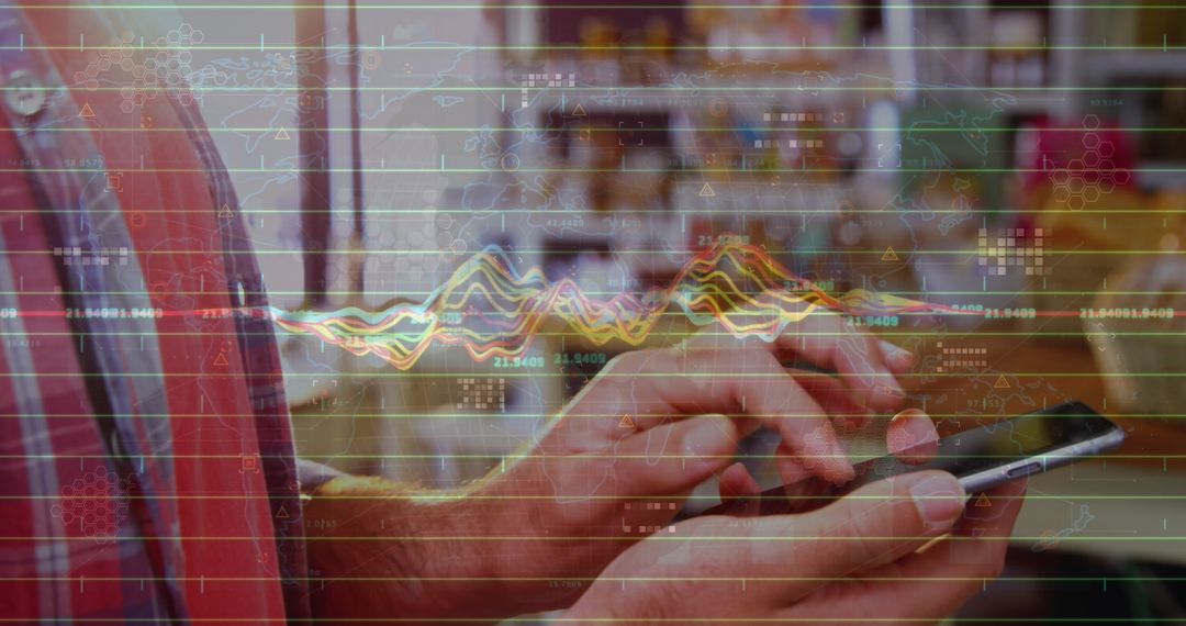 Person Using Smartphone with Financial Graph Overlay in Cafe