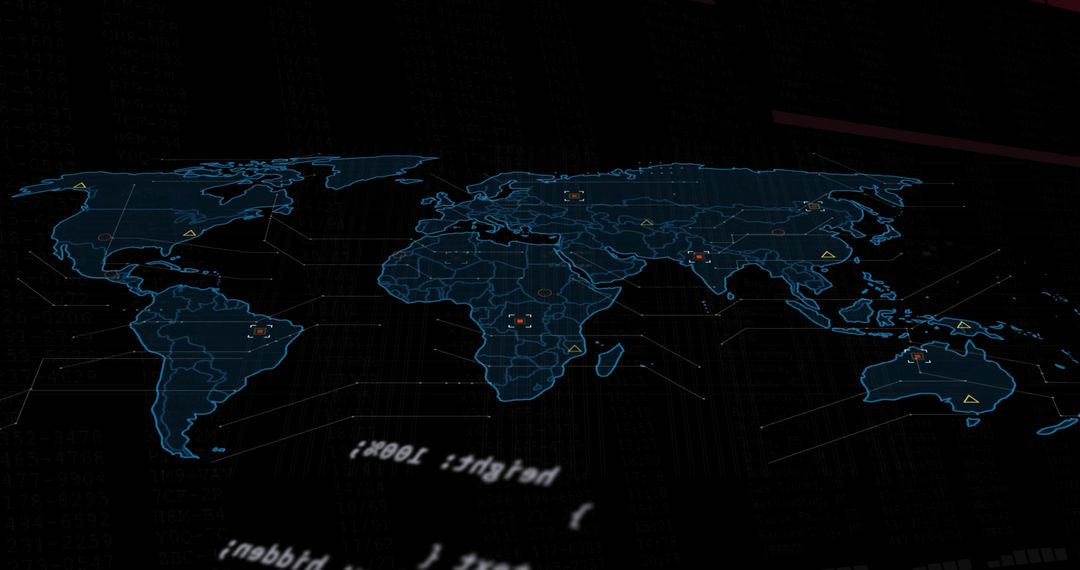 Futuristic Holographic World Map HUD with Neon Blue Grid and Data Markers