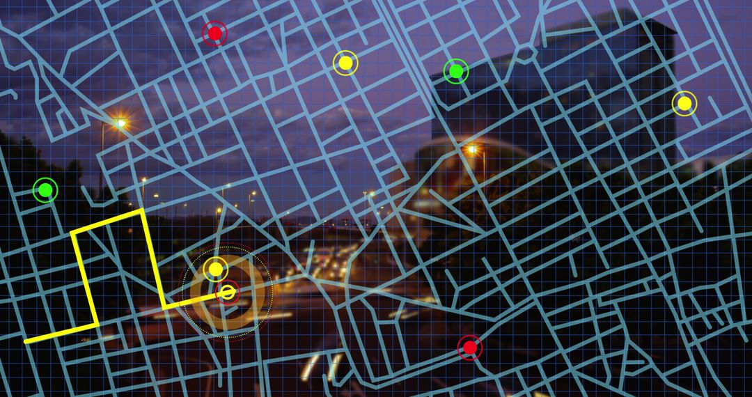Digital Navigation Map Overlay on Urban Cityscape