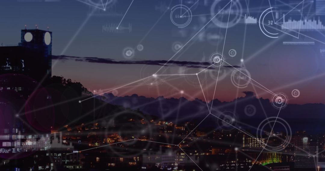 Digital Data Network Over Cityscape at Dusk