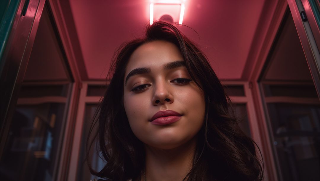 Confident woman looking down in neon-lit glass elevator with magenta glow