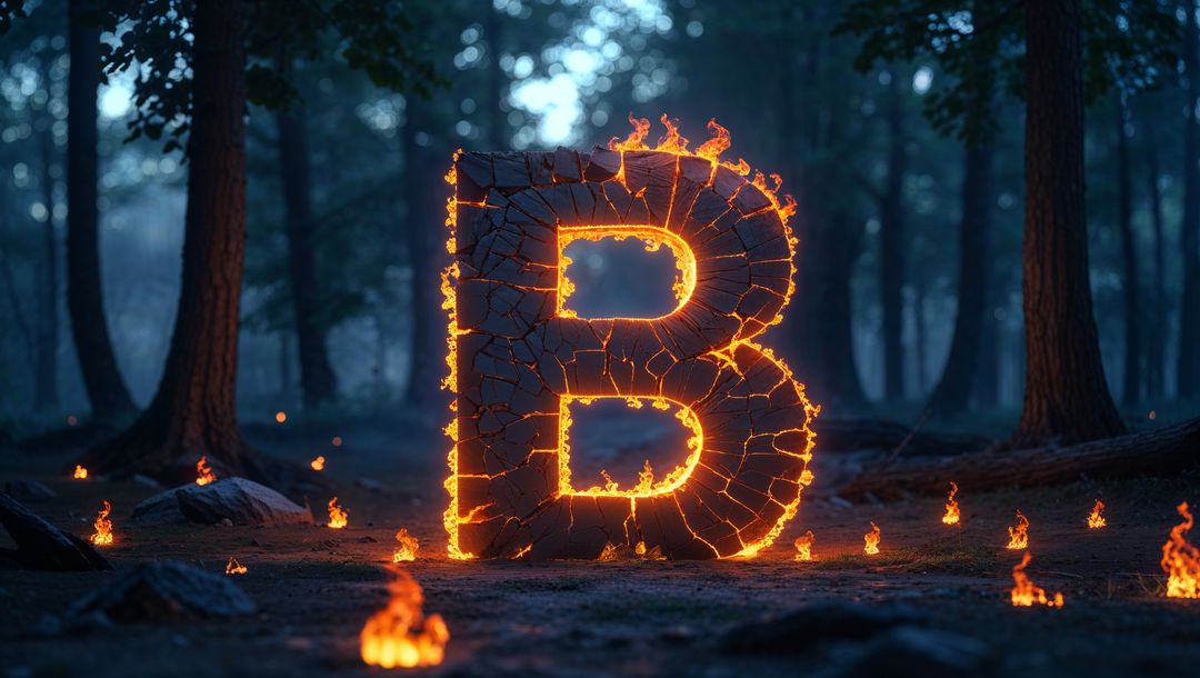 Burning Stone Letter B with Molten Veins in Enchanted Forest