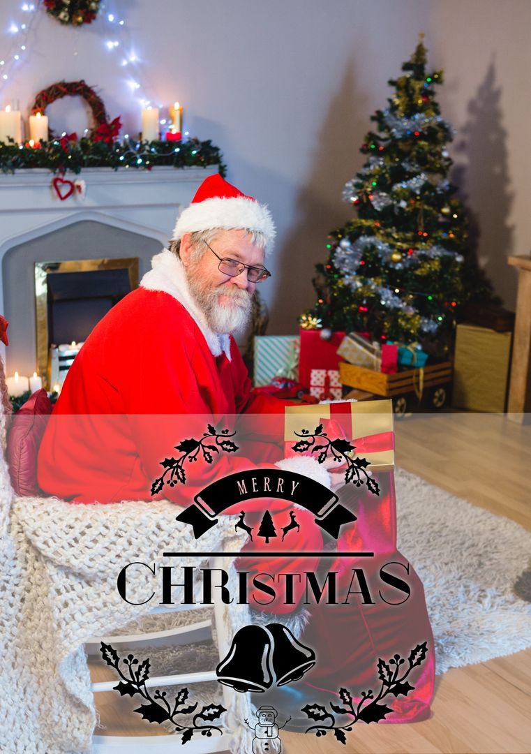 Santa Claus Wrapping Christmas Presents Near Festive Tree and Fireplace - Download Free Stock Templates Pikwizard.com