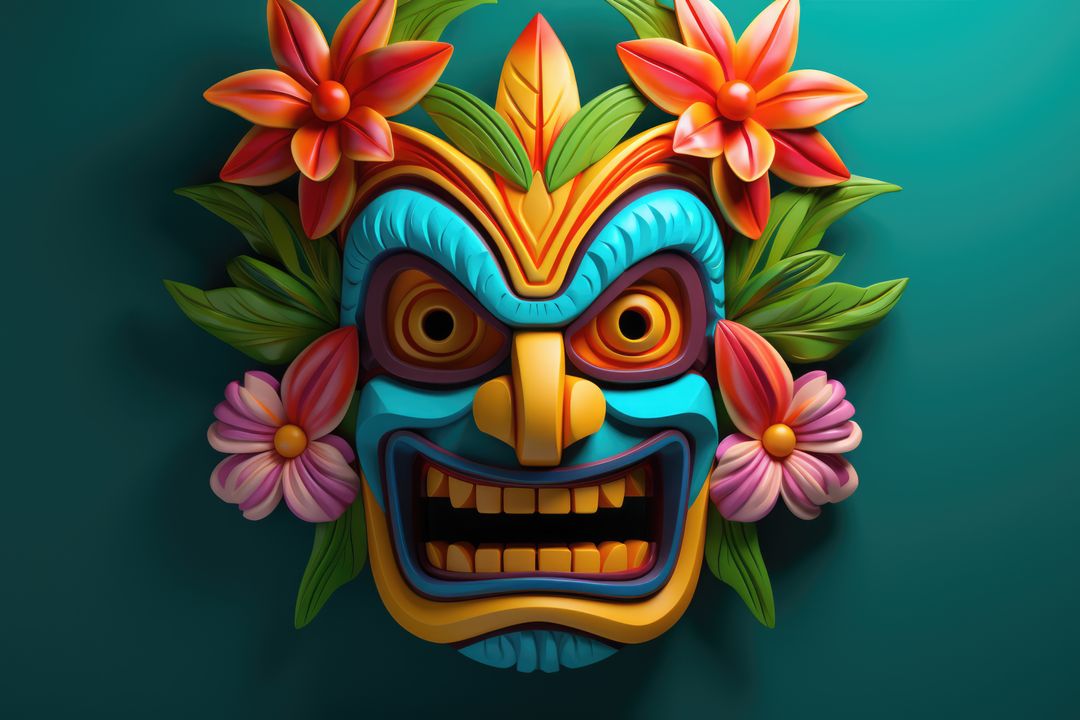 Colourful tiki mask with flowers on green background, created using generative ai technology - Free Images, Stock Photos and Pictures on Pikwizard.com