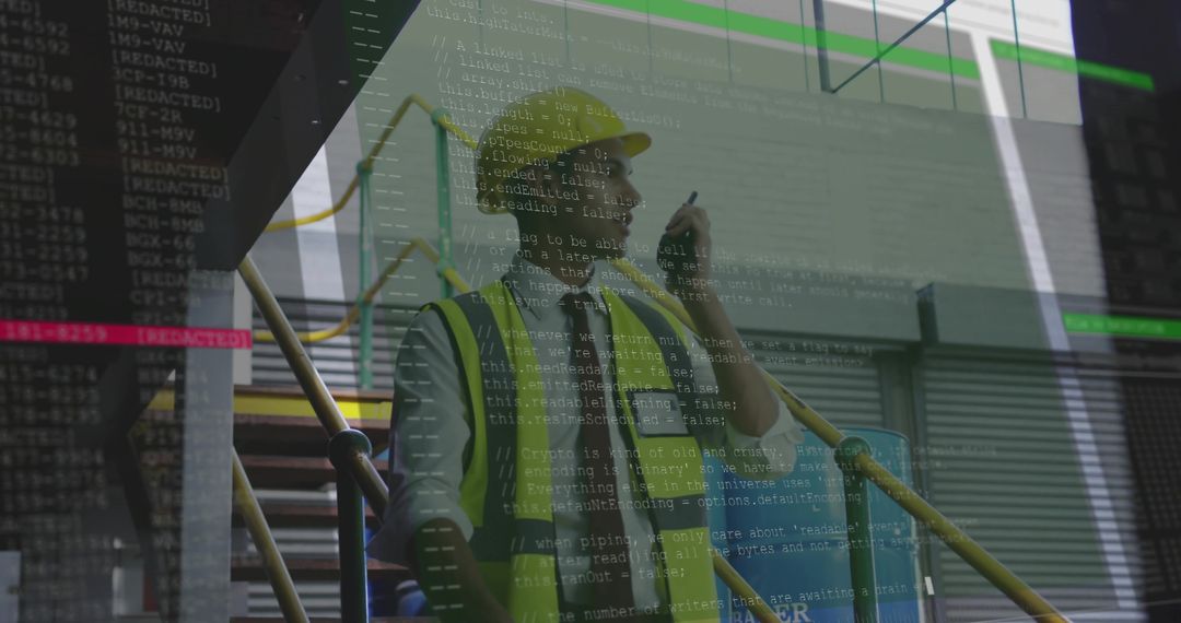 Engineer with Mobile at Construction Site Overlays Engineering Code