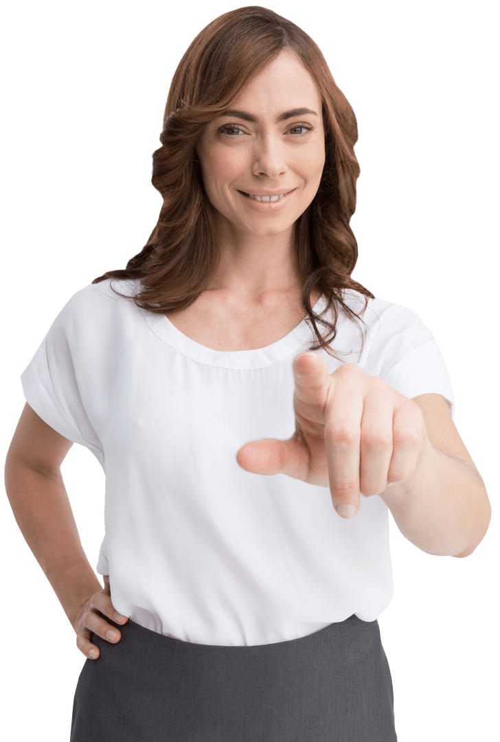 Smiling Caucasian Woman Pointing on Transparent Background