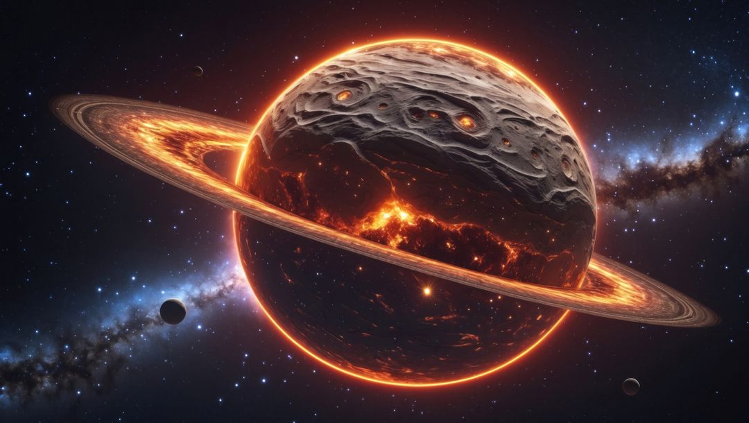 Glowing Volcanic Planet with Rings in Deep Space