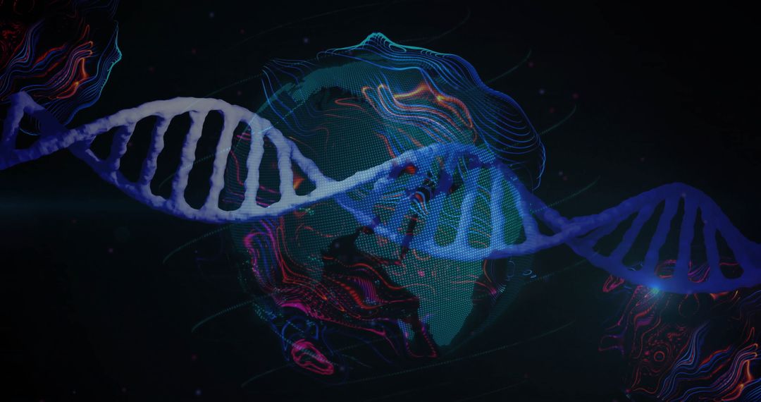 Glowing DNA Helix with Globe and Digital Data Visualization