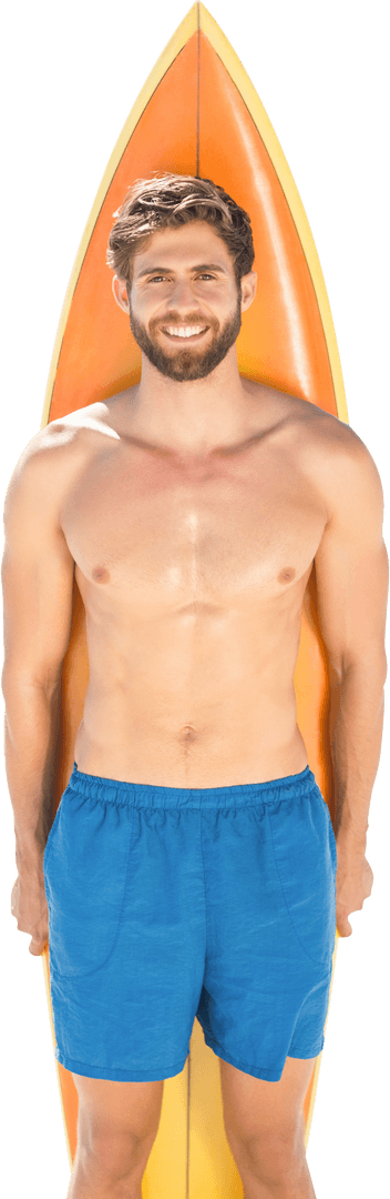 Caucasian Surfer Standing with Surfboard on Transparent Background Isolated