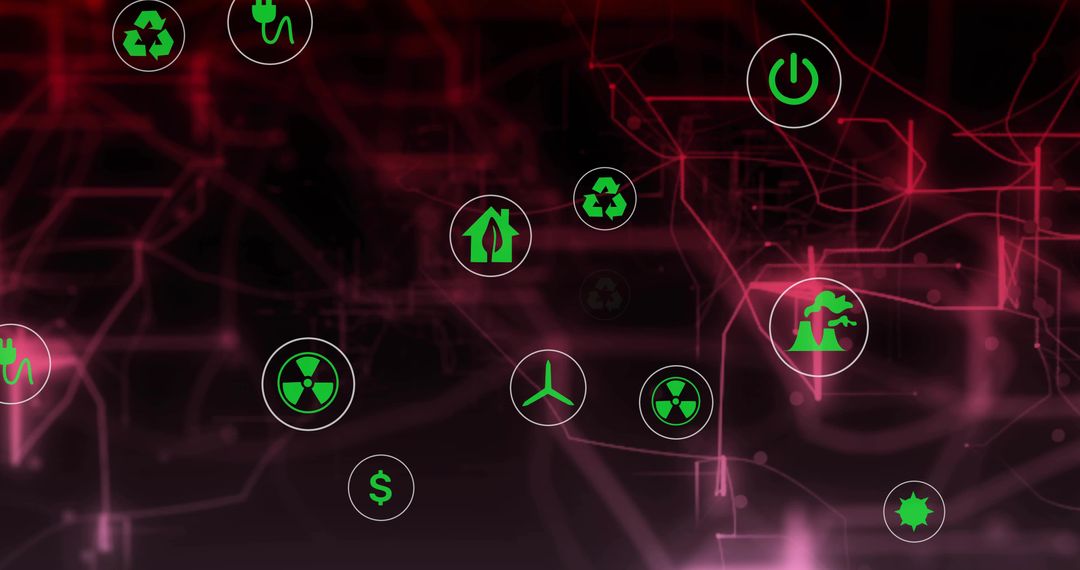 Neon Network of Floating Green Energy Icons Showing Renewable Power, Recycling, Wind