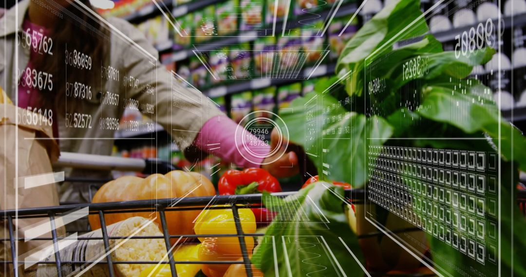 Woman Shopping for Fresh Vegetables with Digital Data Overlay