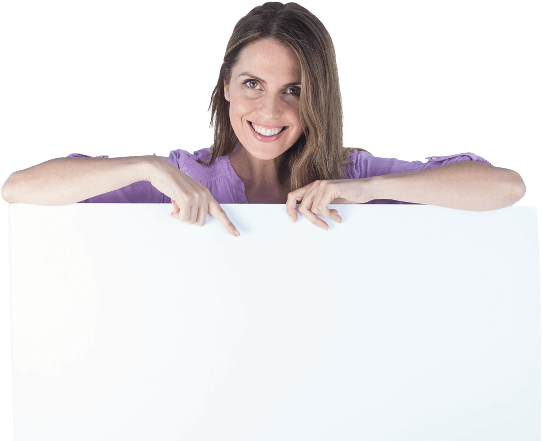 Woman Pointing at Blank Transparent Sign Advertising Space