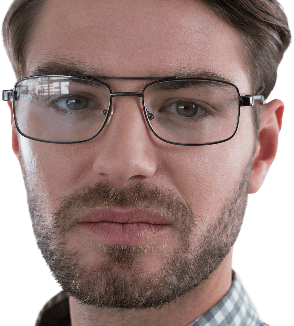 Close-Up of Male Face with Transparent Eyeglasses in Natural Lighting