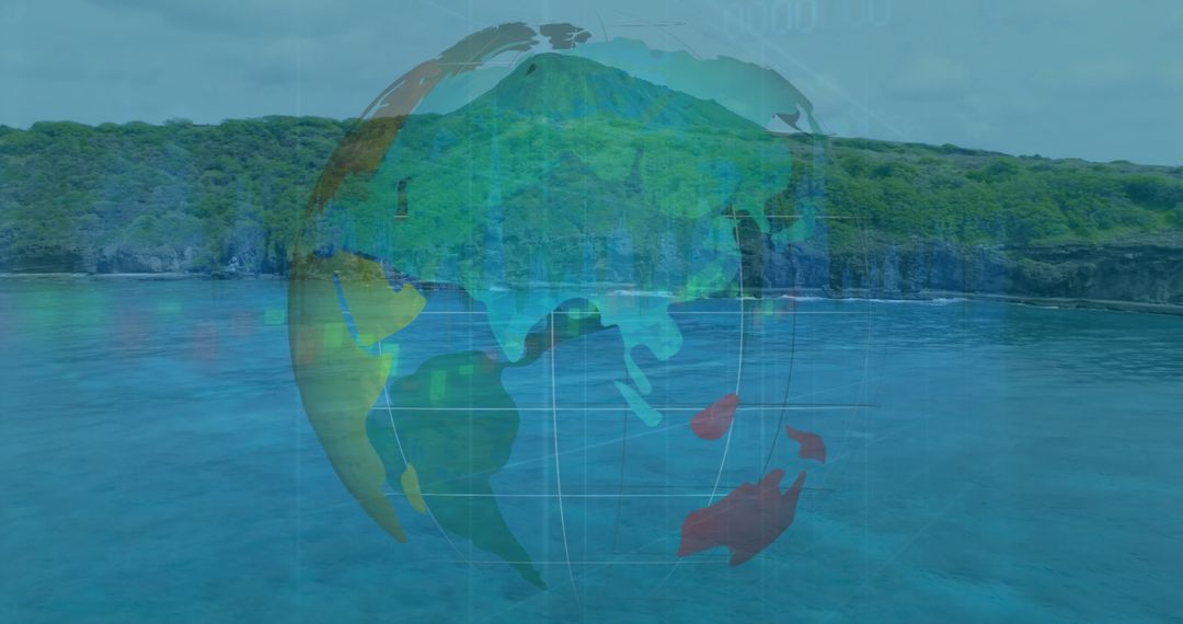 3D Digital Globe with Continent Grid Overlay on Coastal Scene