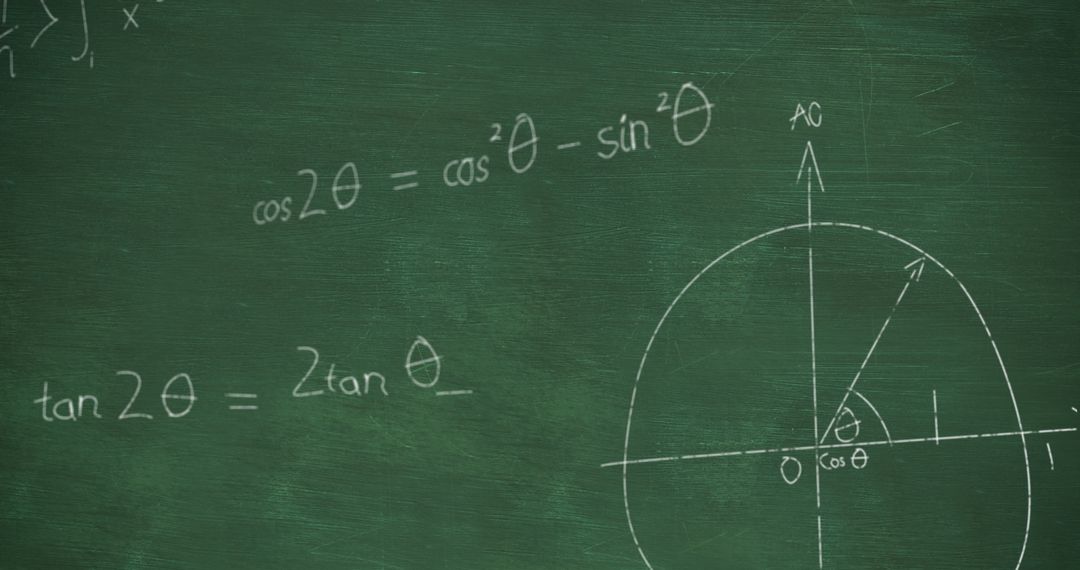 Math Concepts Explored on Chalkboard with Trigonometric Equations