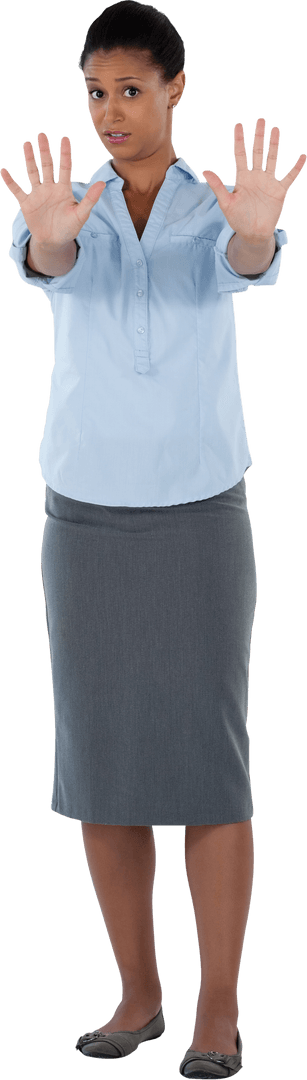 Transparent Businesswoman With Hands Out in Stop Gesture Pose