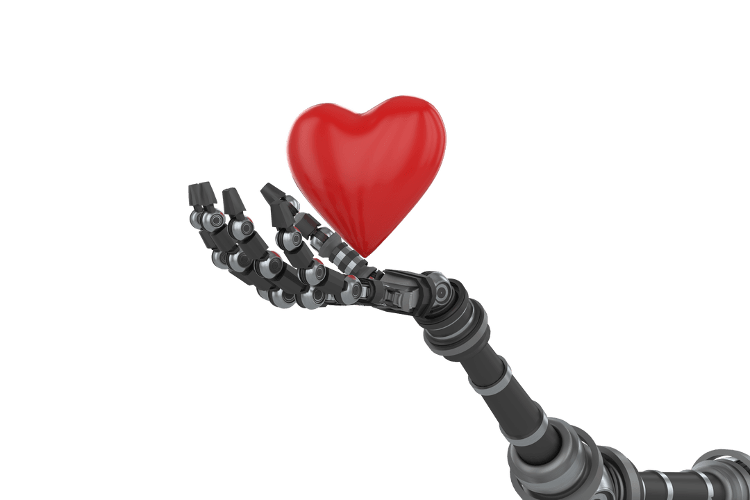 Robotic Hand Holding Transparent Heart Shape Symbol of Love and Technology