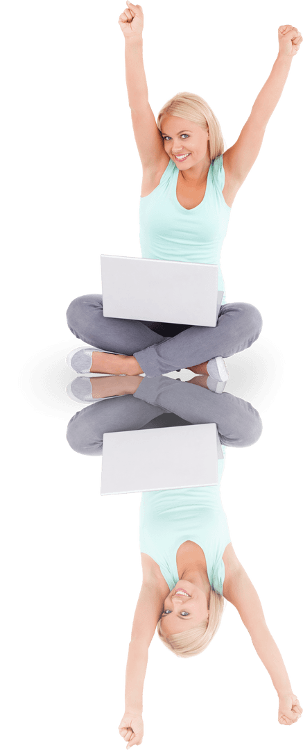 Excited Woman with Laptop and Mirror Reflection on Transparent Background