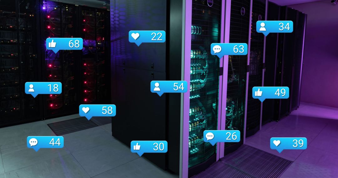 Glowing Server Room with Social Media Notifications Overlay