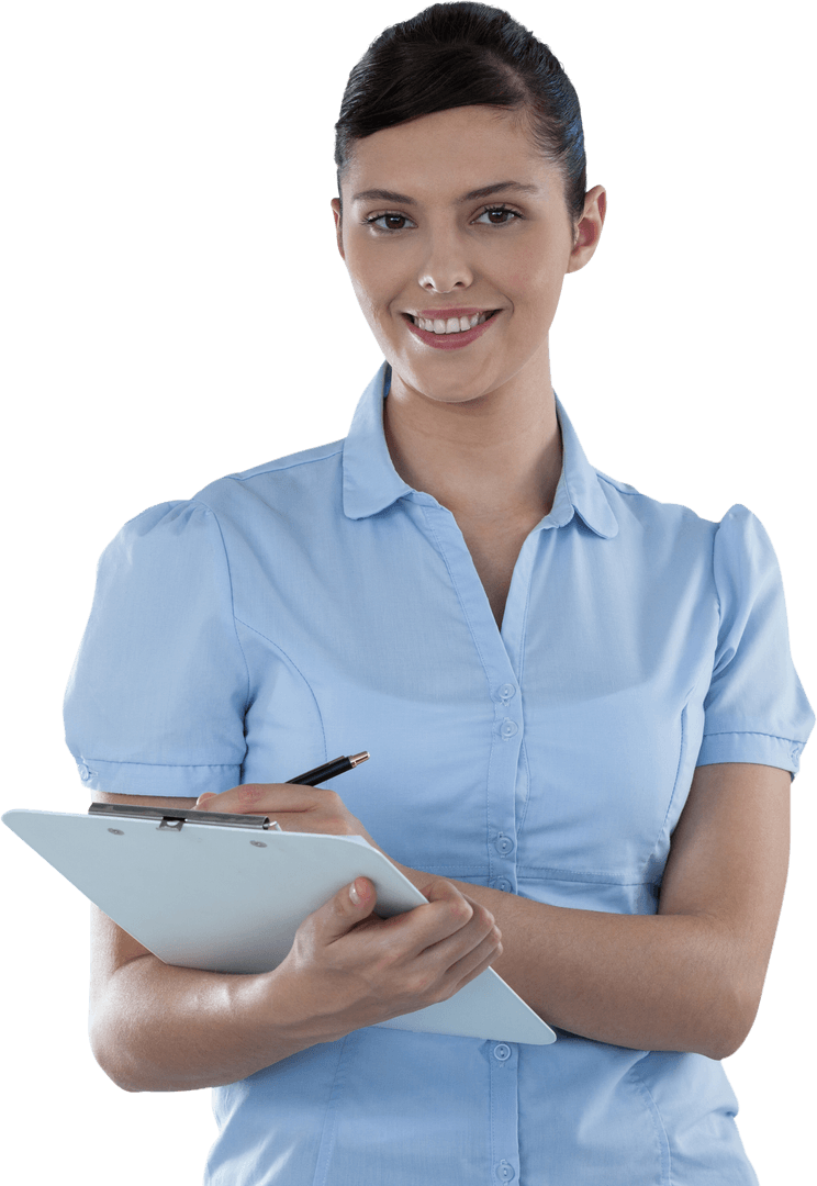 Transparent Businesswoman Holding Clipboard and Writing Notes