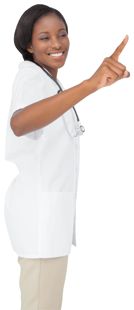 Smiling African American Female Doctor Pointing on Transparent Background
