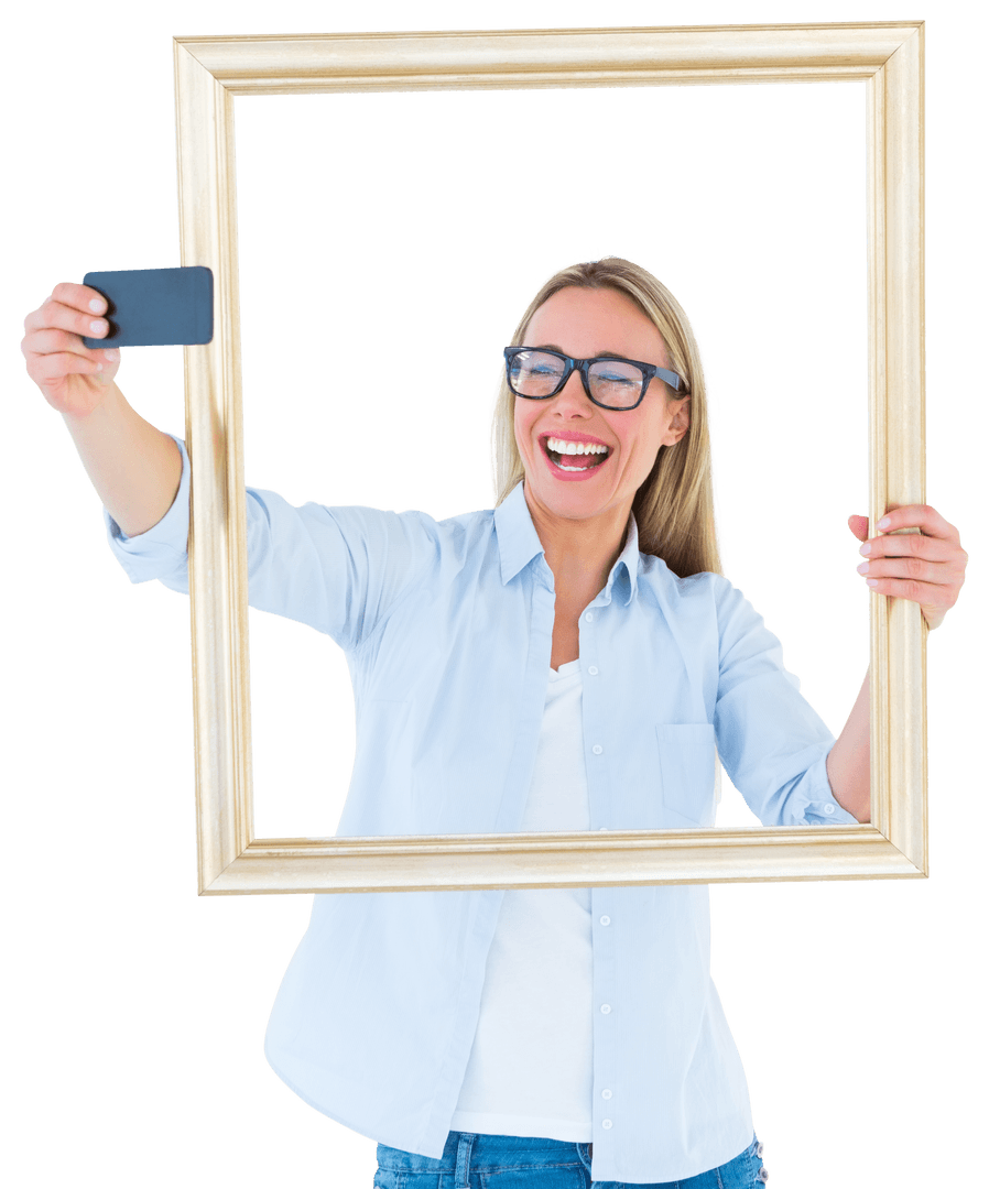 Blonde Woman Taking Selfie With Gold Frame Transparent Background