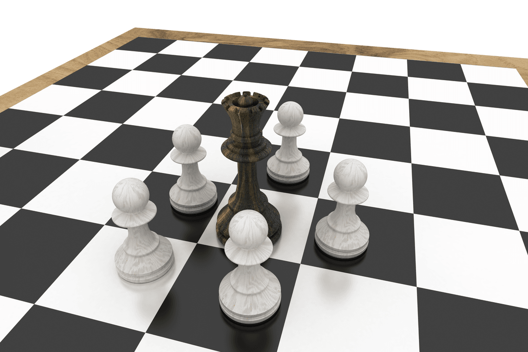 Chess Strategy with Black Queen Surrounded by White Pawns on Transparent Board