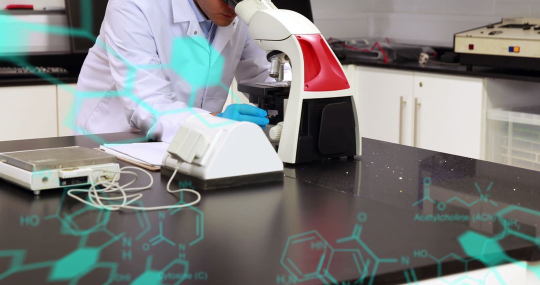 Scientist Examining Samples with Microscope and Data Overlay