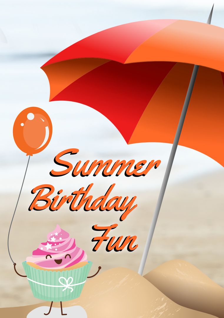 Fun Summer Birthday Card Design with Cupcake and Beach Theme